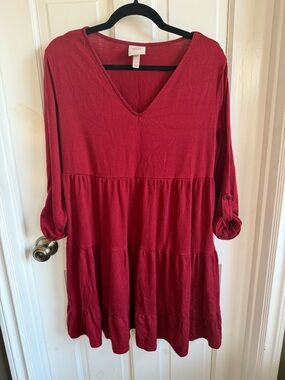 Knox Rose V-Neck Crinkled Tiered Tunic Dress in Wine Red